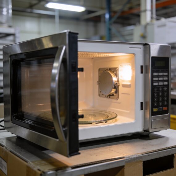 Microwave door being opened showing interior turntable and control panel