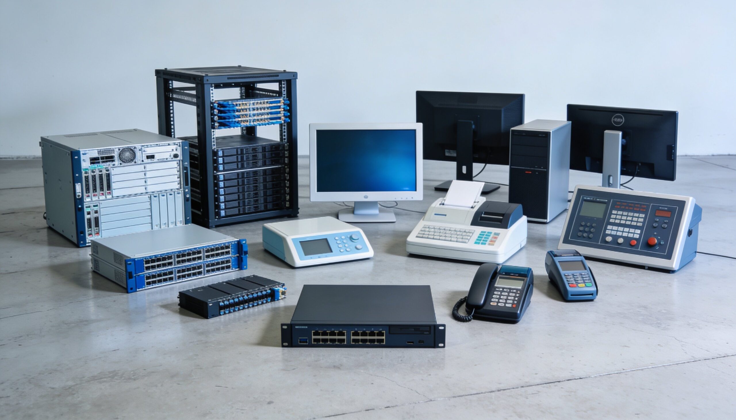 Diverse collection of enterprise and business electronics equipment