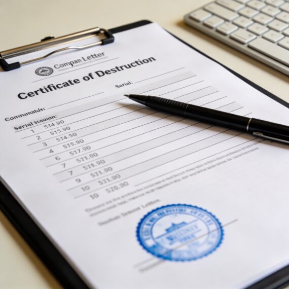 Certificate of destruction document with serial numbers and company stamp