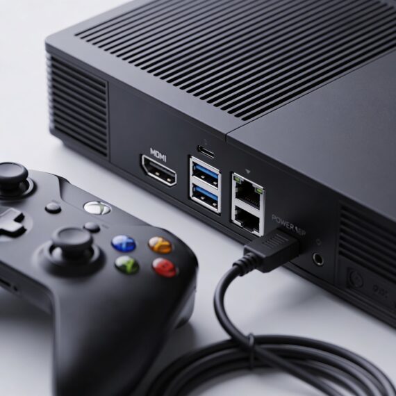 Gaming controller and console with ports and cables visible