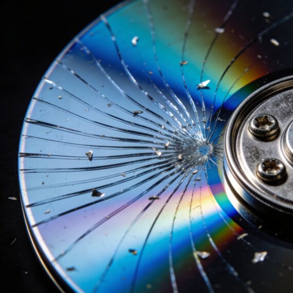 Hard drive platter with visible scratch marks from physical destruction process