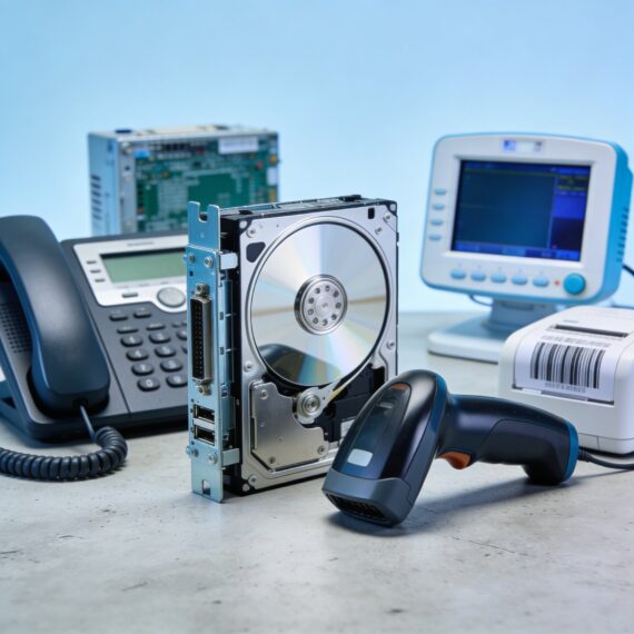 Variety of business electronics including server component, office phone, and medical device