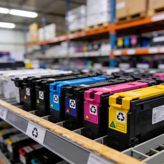 Row of used toner cartridges sorted by color with recycling labels