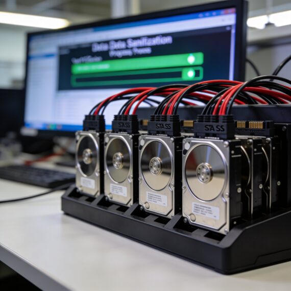 Hard drives connected to data wiping station with sanitization software running on monitor
