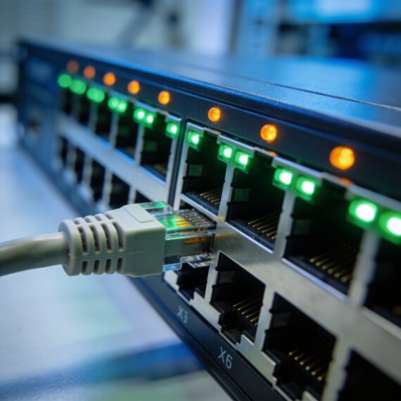 Close-up of network switch ethernet ports with blinking LED status lights
