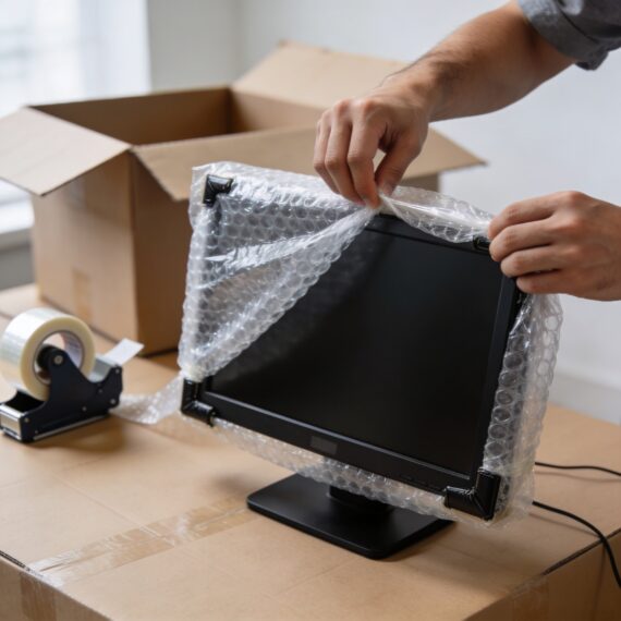 Computer monitor being wrapped in bubble wrap for safe transport