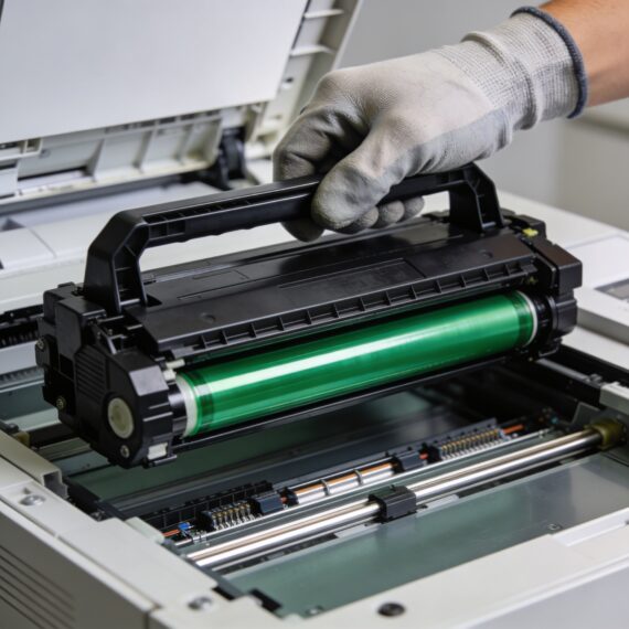 Printer toner cartridge being removed from laser printer with green drum visible