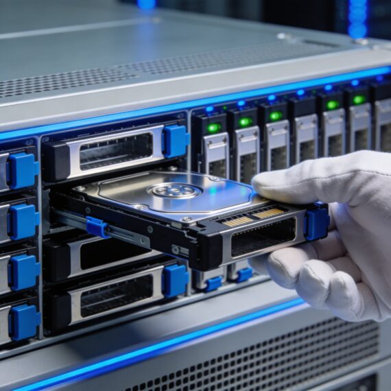 Server rack drive bay with hot-swap hard drive caddies being removed