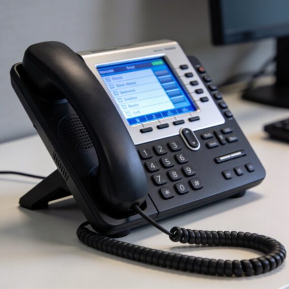 Office desk phone handset resting on base showing LCD display and buttons