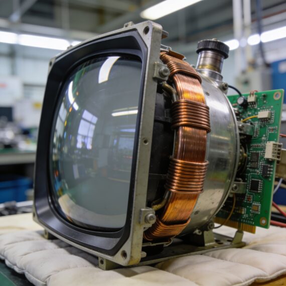 CRT television tube showing curved glass screen and degaussing coil