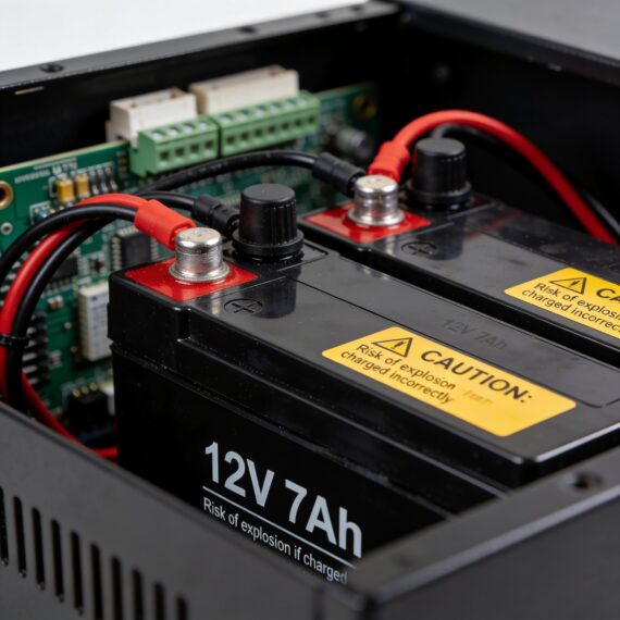 Sealed lead-acid battery with terminals and voltage label in UPS unit